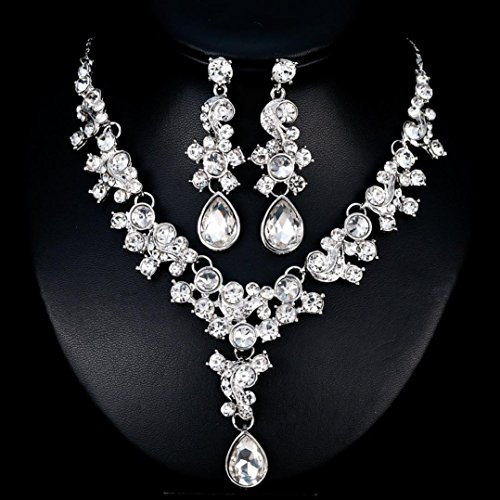 Keliay Alloy Rhinestone Pearl Necklace Earrings pendants Set Wedding Jewelry Gift Best for Gift (White)