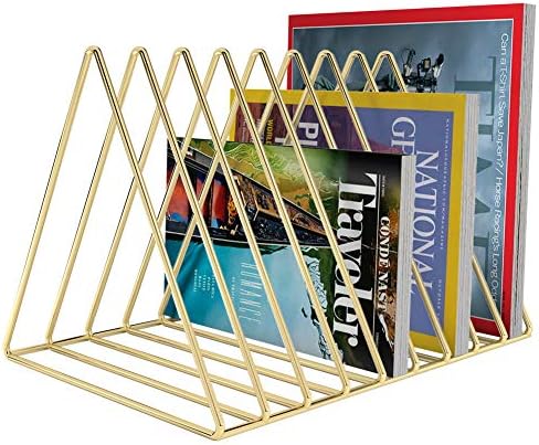 Magazine Rack, Newspapers Holder Magazine Letters Storage Files Folder Stand 9 Slot Desktop Organiser Book Shelf Vintage Design Metal Home Office (Gold)