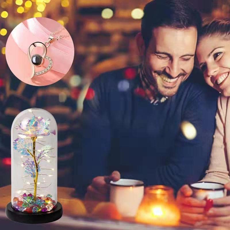 AIMOOYI Glass Rose Flower Gift for Women, Forever Galaxy Rose in Glass Dome with I Love You Necklace for Her, Crystal Rose Light Up Flower Decoration for Mom,Valentine\'s Day, Birthday,Anniversary