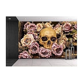 Still Life Painting Photography with Human Skull and Roses Background - Removable Wall Mural | Self-Adhesive Large Wallpaper - 66x96 inches