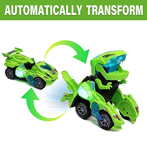 Motiloo Transforming Dinosaur Toys,LED Transforming Dinosaur Car,3D Automatic Transforming Dinosaur Car with Light Sound for Kids Christmas Toy Gifts(Green)
