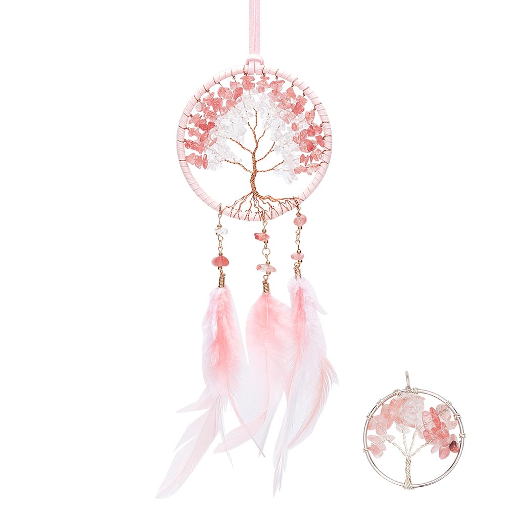 GORGECRAFT 1 Set Dream Catcher Feather Dream catchers Crystal Beads Small Tree of Life Dream Catchers Chakras Catchers for Rear-view Mirror Hanging Bedroom Decor Festival Gift Pink