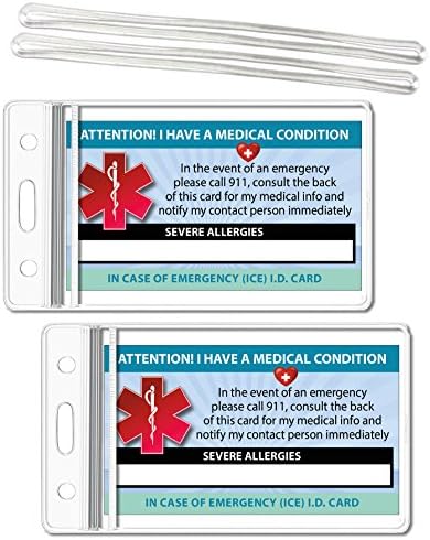 Severe Allergies Medical Condition ICE Alert in Case of Emergency I.D. Identification Wallet Card Heavyweight 32 Pt. CardStock - Our Thickest (Qty. 2 w/Sealable Pouches)
