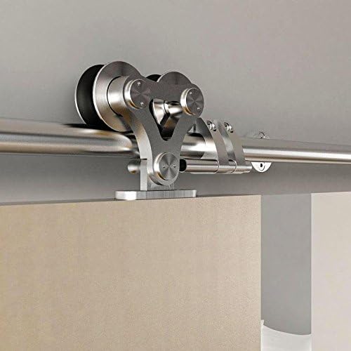 Stainless Steel Double Wheel Roller Heavy Duty Bi-parting Double Sliding Barn Door Hardware Set for Double Wood Doors ,Silver Brushed Nickel(10ft Double Door Kit)