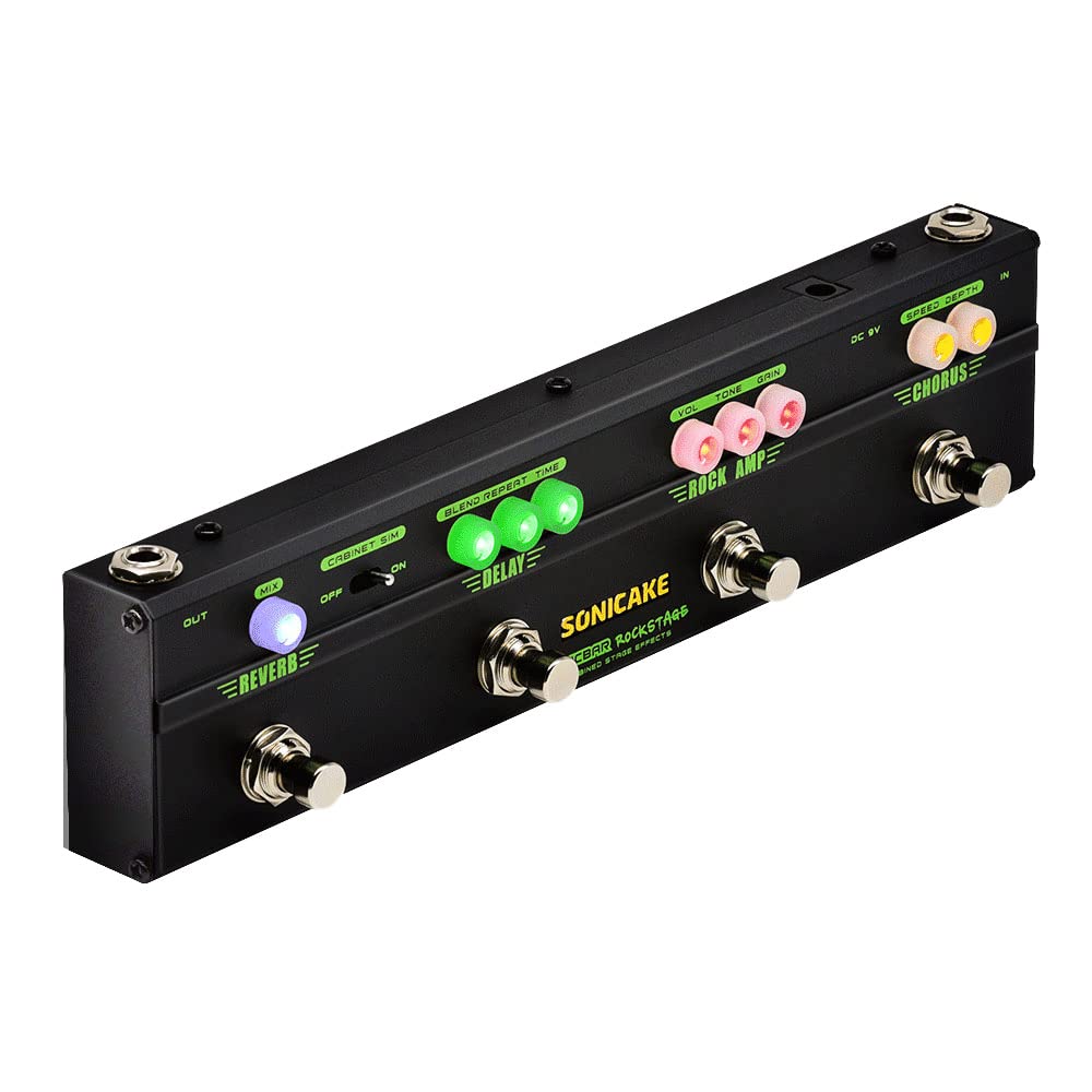 SONICAKE Rockstage Multi Guitar Effect Pedal with 4 Classic Arena Rock Effects - Chorus, Distortion, Delay, Reverb - Analog Style - GUITAR_EFFECT_DEVICE