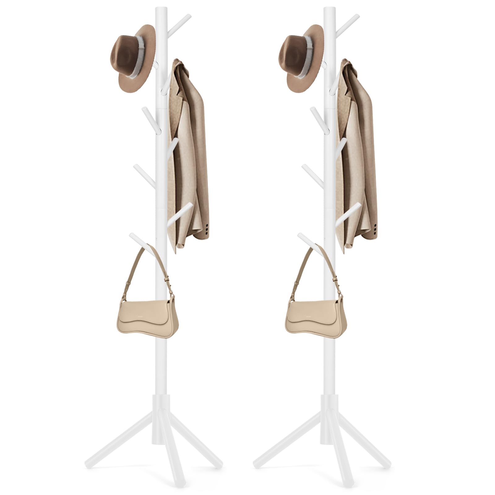 WANGMUXIA 2 PCS Coat Rack, Freestanding Coat Rack with 8 Hooks and 3 Adjustable Size Tree Coat Racks for Bedroom, Hallway, Entrance, Office, for Hats, Coats, Scarves, Handbags