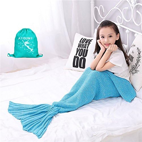 AIGUMI Handmade Knitted Mermaid Tail Blanket, Warm Sofa Quilt Living room blanket for Adults and Kids 140cmX70cm (Sky blue)
