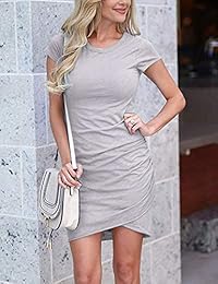 Cuello redondo de las damaes Fruncido Elástico Tulip Hem Bodycon Mini vestido corto Camiseta Vestidos de tubo