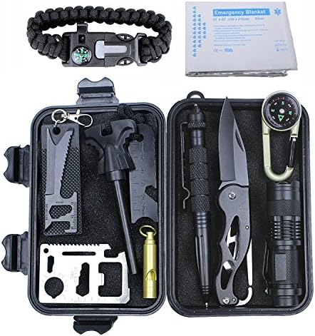 AIGOROSE Survival Gear Kit Professional Outdoor Emergency Survival Tools Set with Saber Card | Survival Bracelet | Temperature Compass | Powerful Whistle for Hike Camp Earthquake Overseas