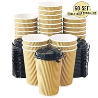 Aplusplanet 16 OZ Triple Walled Disposable Coffee Cups with Lids 60 Set, No Sleeves Needed, Ripple Insulated To Go Coffee Cups and Multipurpose Lids for Hot Cocoa. Eco-Friendly Reusable Paper Cups