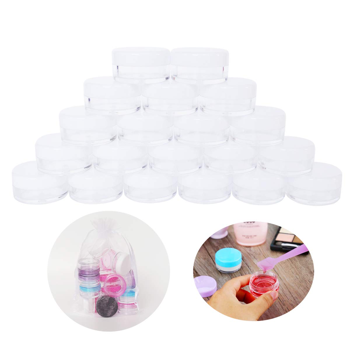 Wopanxye 20pcs 5g Small Travel Sample Cosmetic Containers for Make-up Eye Shadow Nails Lotion Powder Gems Beads Jewelry Cream, 5ml Clear Round Pot Jars with White Lid， Mini 5ml Plastic Sample Jars