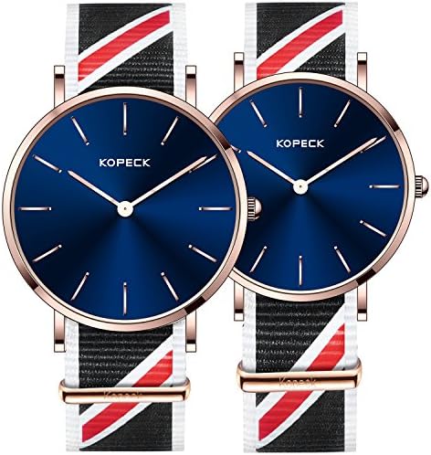 KOPECK His and Hers Ultra Thin Stainless Steel Quartz Wrist Couple Watches for Lovers (black nylon)