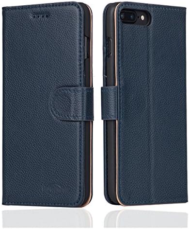 HaRachaman Litchi Pattern Genuine Leather Flip Cell Phone Case with Card Slots Image Display Phone Holder for Iphone7 plus (Blue)