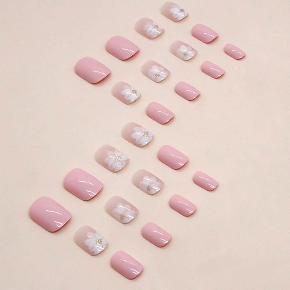 Press On Nails Short，Acrylic Nails Press on ，Short Square Press on Nails Fake Nails Glossy Pink False Nails with Iced Camellia Press ons Designs Artificial Nails Stick on Nails for Women Girls 32Pcs - Image 3
