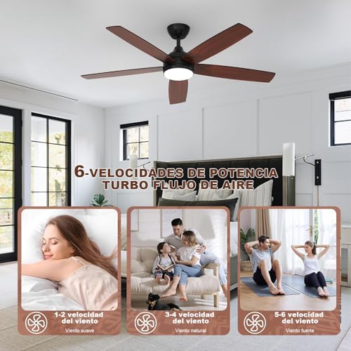 Dorlink Ceiling Fan Lamp with Control, Ø132 cm, 6 Speeds, Timer, 34 W DC Motor, Summer-Winter Function, Quiet, Fan Lamp for Indoor Bedroom, Walnut/Black