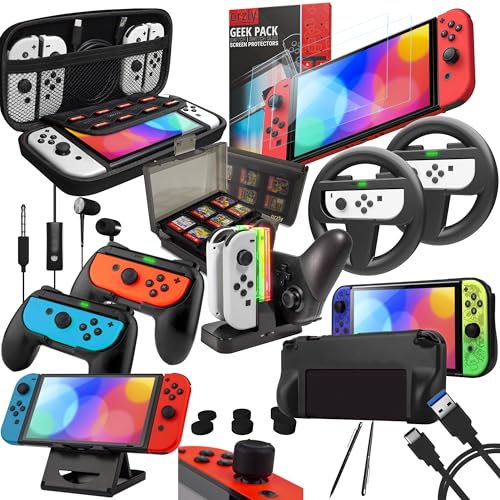 Switch Accessories Bundle - Orzly Geek Pack for Nintendo Switch: Case & Screen Protector, Joycon Grips & Racing Wheels, Switch Tablet & Controller Cha