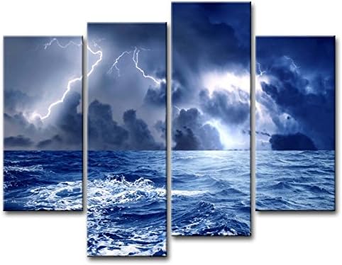 Impression Toile Decoration Murale Tableau Mer Avant Storm Sombres Nuages Fortes Wave Avec Eclairage 4 Pieces Moderne Giclee Tendue Et Encadree Illustrations Le Paysage Marin Amazon Fr Cuisine Maison