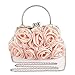 Emour Women Satin Rose Rhinestone Pure Color Handbag Evening Bags Wedding Handbags Carved Handle (Pink)