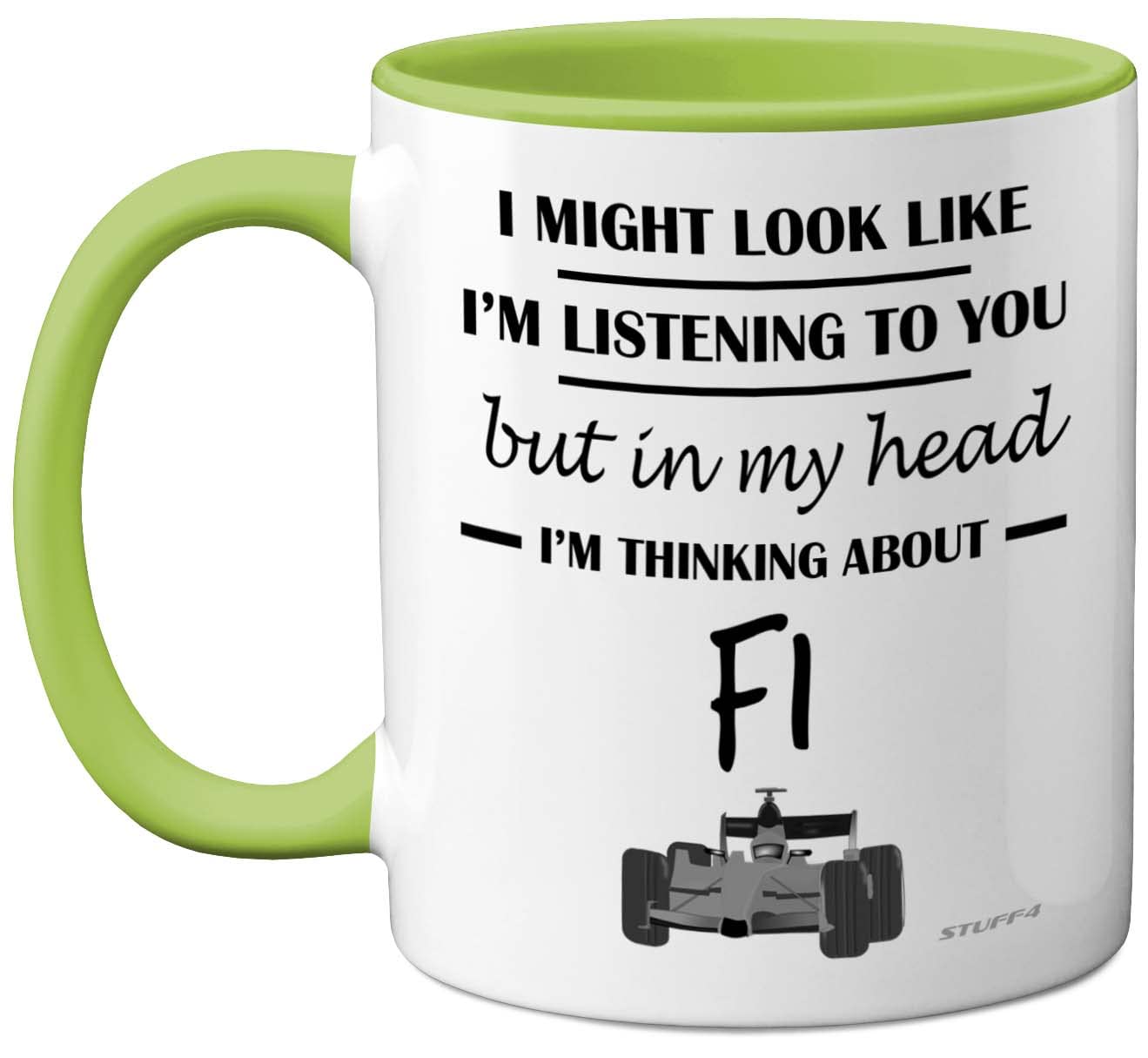Stuff4 Formula 1 Gifts - in My Head I'm Thinking About F1 - Funny F1 Gifts for Men, Car Lover for Him, Mug, Formula One 11oz Ceramic Dishwasher Safe Green Handle Mugs Novelty Cup — image 1