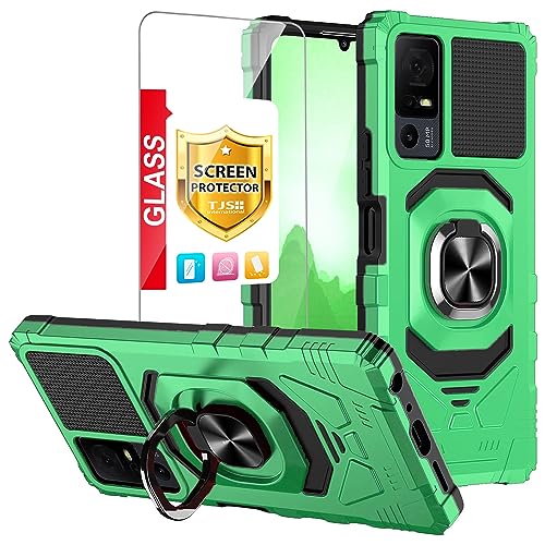 TJS Case for TCL 40 XL & T608DL, Lively Jitterbug Smart4 - Tempered Glass Screen Protector, Metal Ring Kickstand, Heavy Duty Drop Protector (Green)