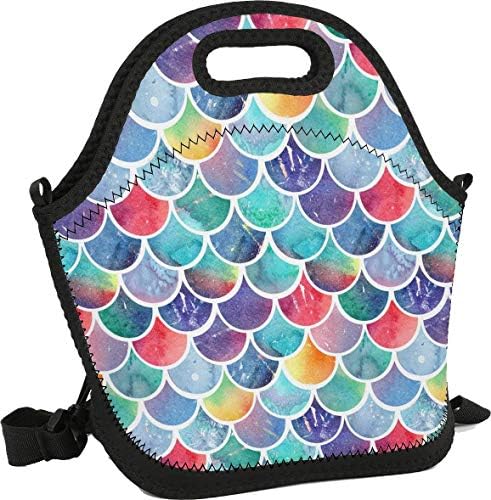 Women&Men&Kids Mermaid Lunch Bag Soft Tote Bag Insulated Lunch Box Shoulder Strap Leak-Proof Lunch Organizer for Picnic/Boating/Beach/Fishing/Work (rainbow watercolour fish mermaid scales)