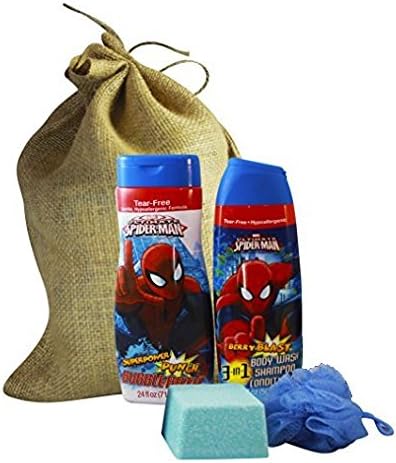 Spider Man Gifts Set Featuring 3 in 1 Body Wash Shampoo Conditioner, Mega Bomb Giant Fizzy Bath Bomb w/ Surprise Bath Squirter Toy Inside, and Body Pouf