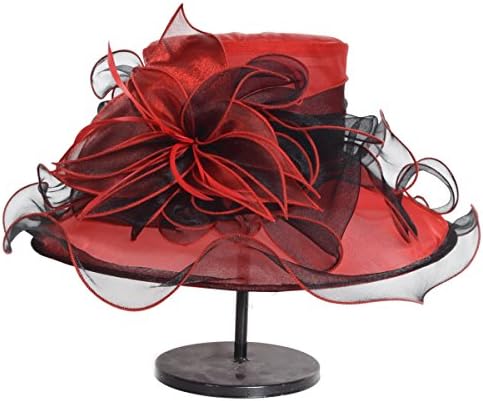 Fanny-sdr S037-pp Elegant Ladies Church Wedding Dress Derby Hat Floral Feather Wide Brim Organza Hat (Red/Black)