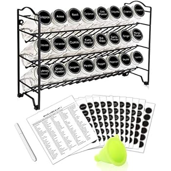 SWOMMOLY Spice Rack with 24 Empty Square Spice Jars, 396 Spice Labels with Chalk Marker and Funnel Complete Set, for Countertop, Cabinet or Wall Mount