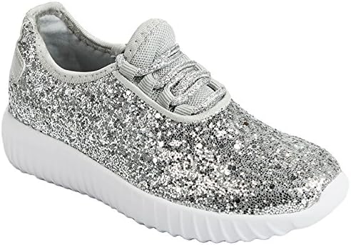 JKNY Kids Girls Fashion Metallic Sequins Glitter Lace up Sneakers Silver 1