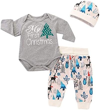 3Pcs Baby First Christmas Outfit Infant Christmas Romper Baby Boy Floral Pants Hat Clothes