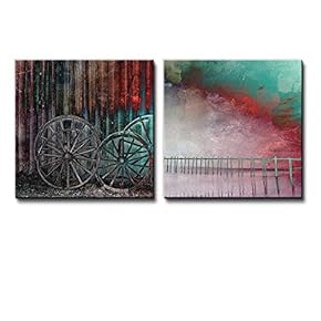 Wall26-2 Piece Beautifully Painted Pier and Wagon Wheels - Canvas Art Home Art - 12x12 inches