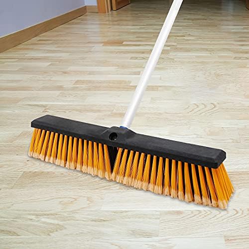 Push Broom Brush Outdoor Stiff Broom Head 18” Adjustable Long Handle HeavyDuty Indoor Rough