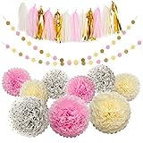 Tissue Pom Poms Paper Flowers Tissue Tassel Paper Garland Pink Cream Glitter Gold Kit 23 Pcs for Baby Shower Bridal Shower Baby First Birthday Decorations