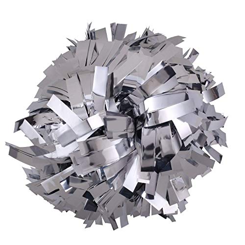 PUZINE 6" Cheerleading Metallic Foil Pom Poms with Baton Handle Pack of 2 (Silver)