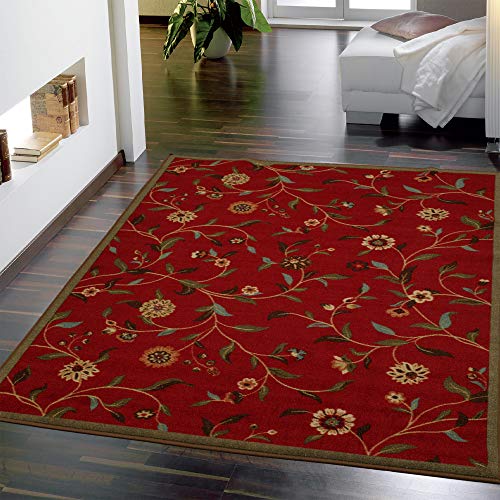 Ottomanson Ottohome Contemporary Leaves Floral Rug, 3'3" X 5', Red