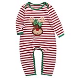 Baby Boys Girls Christmas Long Sleeve Red White Striped Reindeer Romper (90(12-18M), A)