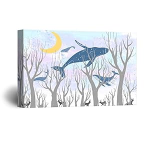 Hand Drawing Style Mystical Whales Swimming Among The Forest at Night Gallery 12x18 inches