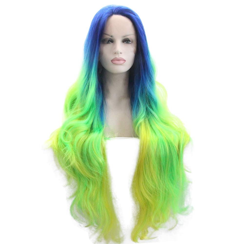 Sylvia 24 Inch Long Nature Straight Blue Green Yellow Nature Wave Synthetic Lace Front Wigs with Blue Roots 180% Density Half Hand Tied Multi Color Rainbow Wigs Heat Resistant Fiber Hair Wig for Women