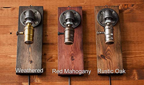 Industrial Steampunk wall sconce pipe lamp with globe Edison bulb and weathered wood base