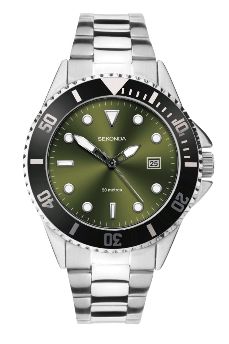 Sekonda Men's Sports Quartz Watch Analogue Display, Khaki Dial and Stainless Steel Bracelet 1925