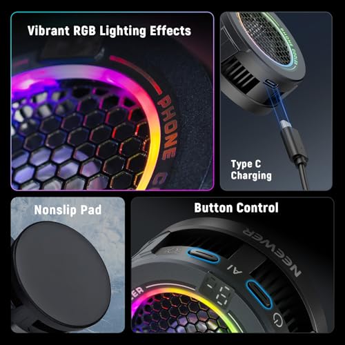 NEEWER BASICS Magnetic Phone Cooler, USB Cooling Fan for Phone, Temp Smart Control, RGB Light, Magnetic Ring Compatible with iPhone 15 16 Pro Max MagSafe Samsung iPad for Gaming, PA069