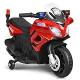Costzon Kids Police Motorcycle, 6V Electric Battery Powered Ride On Bike w/ Training Wheels, Police Lights & Siren Sound, Headlights & Music, Pedal, Rechargeable Electric Toy for Boys & Girls (Red)
