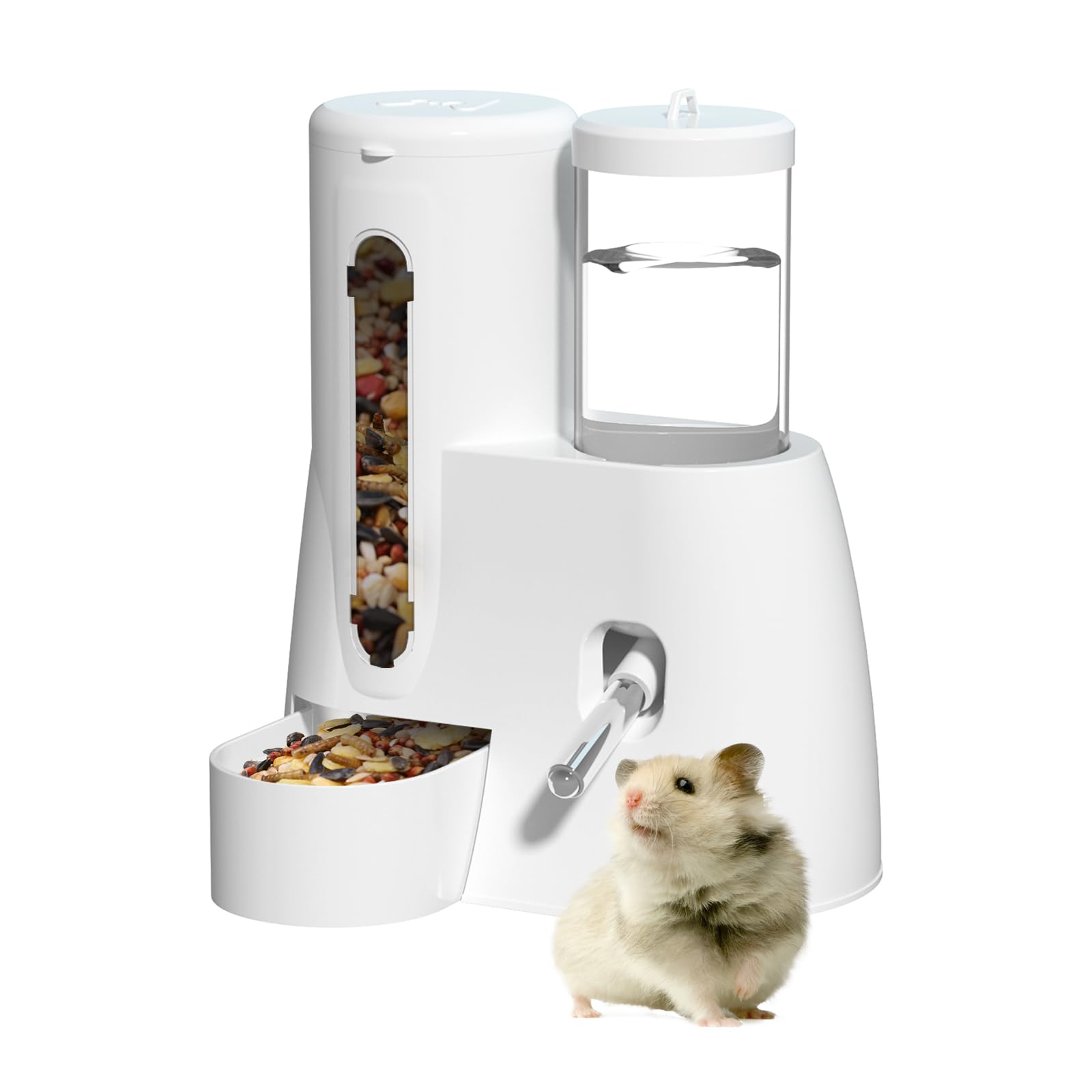 Photo 1 of 2 in 1 Hamster Water Bottle - Automatic Food Bowl, No Drip Small Animal Water Bottle Dispenser, for Syrian Dwarf Hamsters, Gerbils, Mouse, Hedgehog, Hamster Cage Accessories (White, Large)