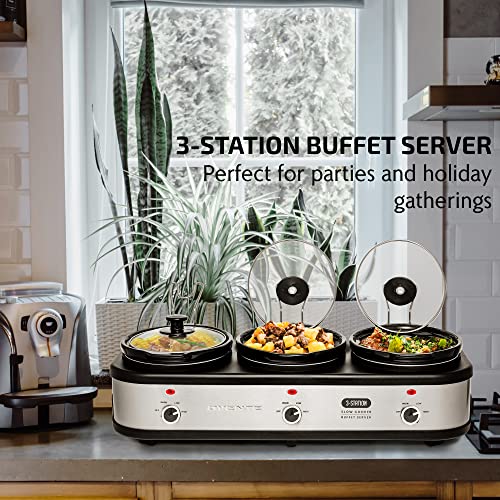 Ovente Stainless Steel Triple Slow Cooker Buffet Server with Glass Lid