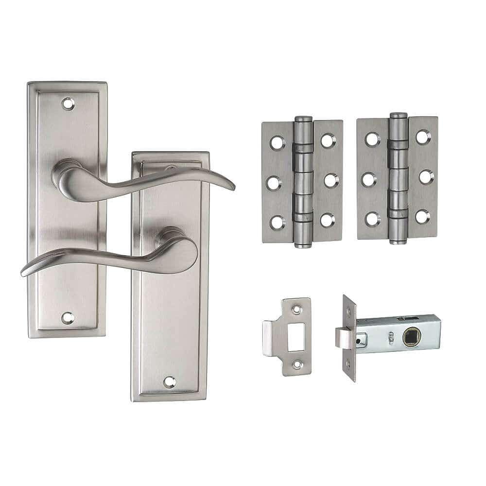 Designer Levers - Berkeley Modern Design Lever Door Handle - 64mm Tubular Latch and 76mm Ball Bearing Hinges Included - Satin Nickel - Interior Use