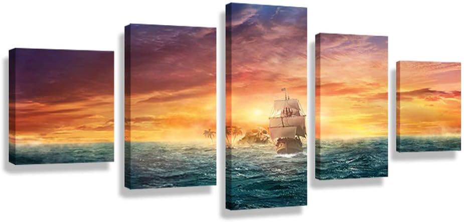 Amazon Co Jp Cyiohart アートパネル 日没のスカルアイランドと海賊船 壁掛け 風景写真の壁の写真を絵画 ポスター キャンバス絵画 家 株式会社の装飾のための 5パネルセット 木枠付きの完成品 ホーム キッチン