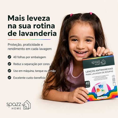 Spazz Home Lenços Antimanchas, 40 Folhas Grandes 28 x 11 cm, Proteção Contra Transferência de Cor, Ajuda a Evitar Manchas na Lavagem, Para Roupas Claras, Escuras e Coloridas