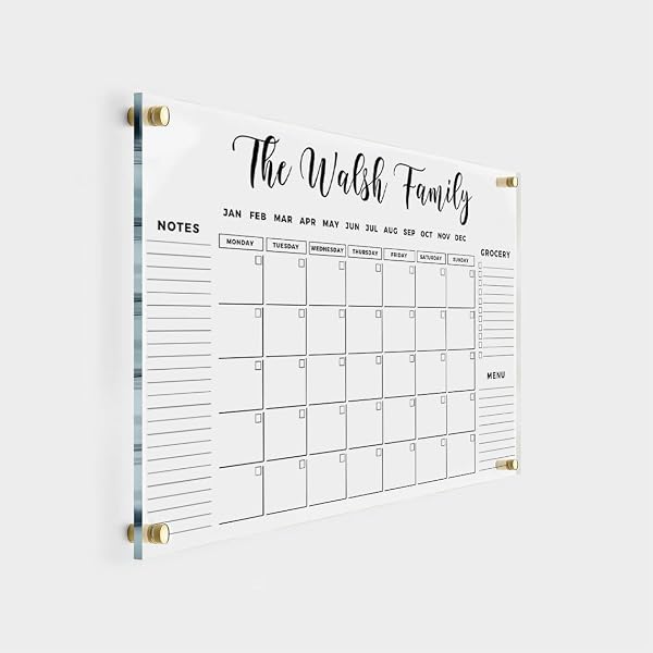 Amazon.com: FAMILY NAME CALENDAR Personalized Acrylic Wall Calendar -  Personalized Dry Erase Board, Horizontal Wall Calendar, Monthly and Weekly  Calendar, Housewarming Gift, Goals, To Do : Handmade Products