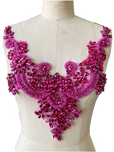 Photo 1 of Handmade Rhinestones lace Applique handsewing Beads Trim Patches Neckline for Dress Clothes Accessory (Pink)