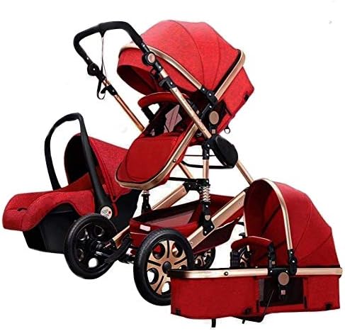 Folding Baby Stroller Travel System Pram Two-Way Shockproof Pushchair Baby Carriage Safety Infant Car Seat Lightweight Bassinet Stroller (Red)
